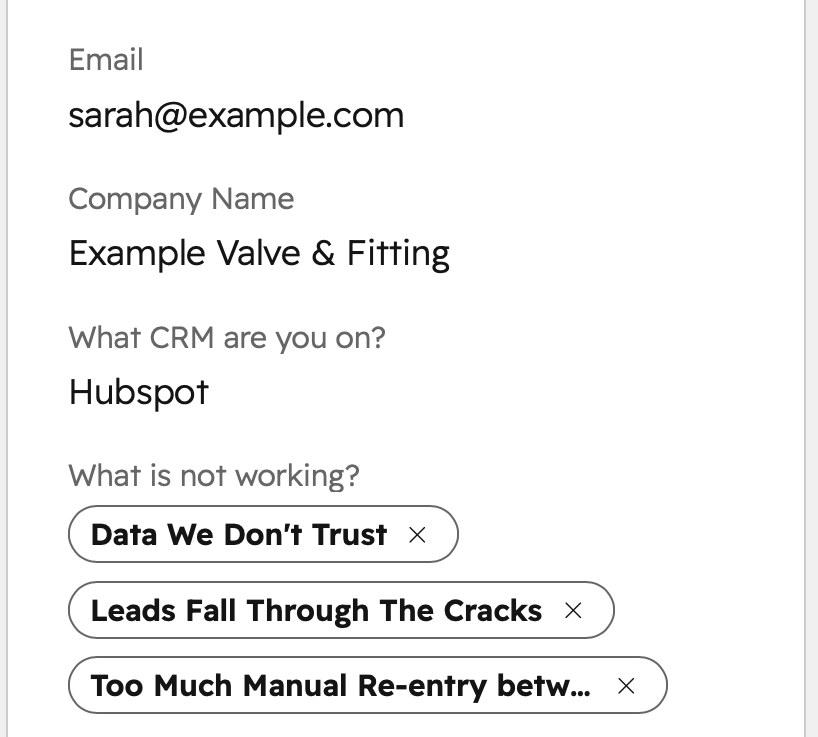 A contact record in HubSpot showing the qualifying answers captured from the form on this page